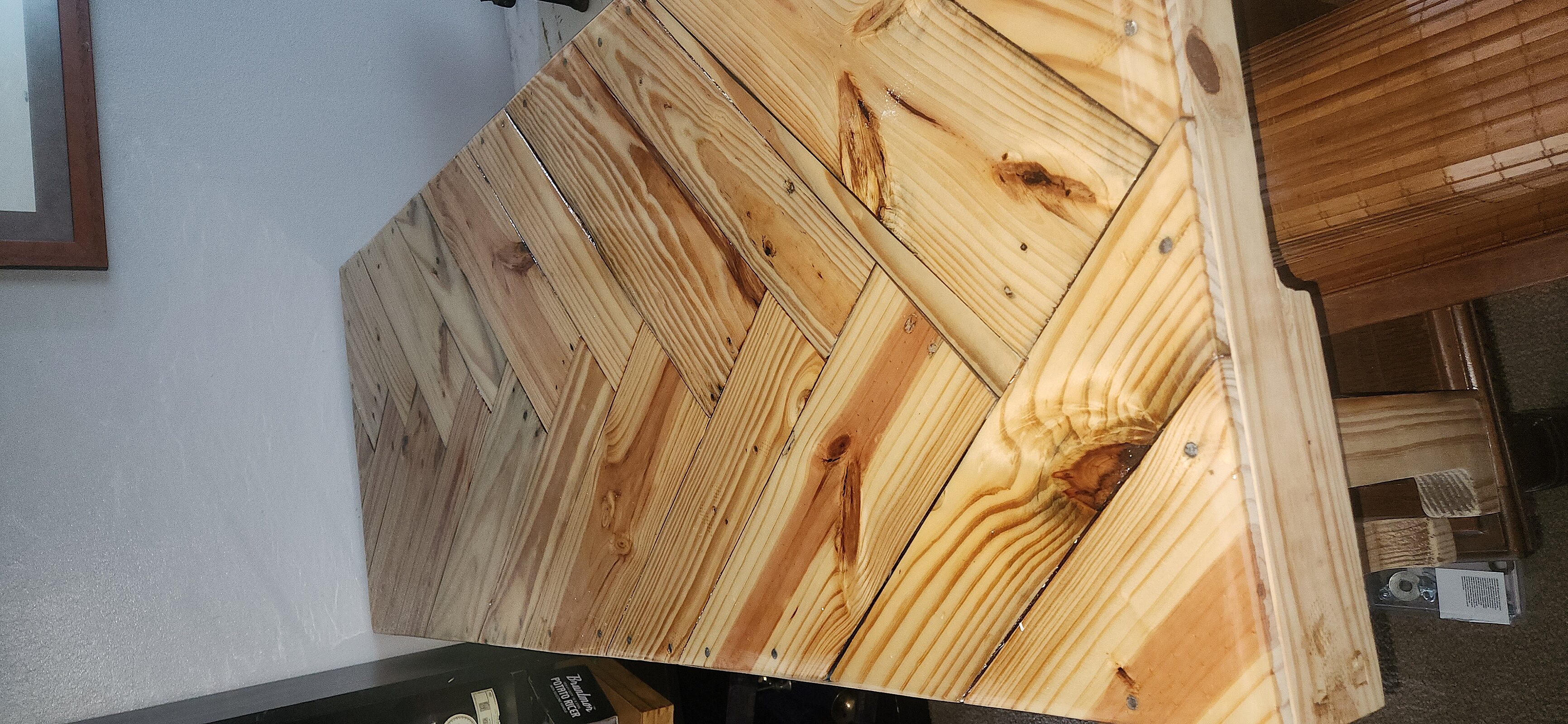 Finished custom reclaimed wood table in living room setting
